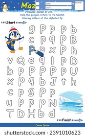 Alfa Maze páginas y aprendizaje del alfabeto Pp con tiras cómicas. Caricatura pingüino. Juego educativo para niños. actividades divertidas para que los niños jueguen y aprendan.