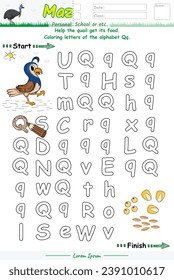 Alphabet Maze-Seiten und Lernen des Alphabets Qq mit süßen Cartoons. Quail Cartoon. Erziehungsspiel für Kinder. Spaß für Kinder zu spielen und zu lernen.