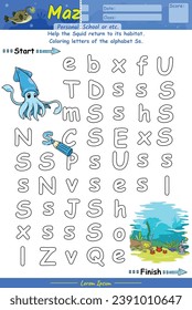 Alphabet Maze pages and learning the alphabet Ss with cute cartoons. Squid cartoon. Educational game for children. fun activities for children to play and learn.