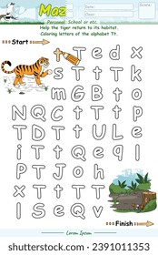 Alphabet Maze pages and learning the alphabet Tt with cute cartoons. Tiger  cartoon. Educational game for children. fun activities for children to play and learn.