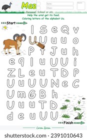 Alphabet Maze pages and learning the alphabet Uu with cute cartoons. Urial sheep cartoon. Educational game for children. fun activities for children to play and learn.