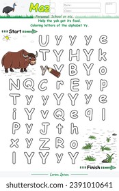 Alphabet Maze pages and learning the alphabet Yy with cute cartoons. Yak cartoon. Educational game for children. fun activities for children to play and learn.