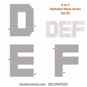 Alphabet maze series – Set 02 featuring DEF labyrinth letters for educational puzzle worksheets.