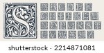 Alphabet in medieval gothic style. Set of monochrome grunge style emblems. Engraved initial drop caps. Perfect for vintage premium identity, Middle Ages posters, luxury packaging.