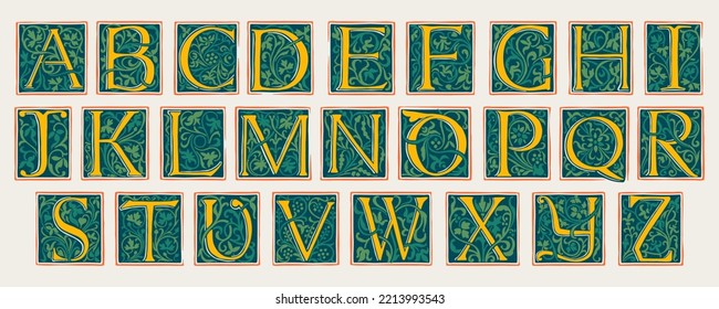 Alphabet im mittelalterlichen gotischen Stil. Set von dunklen, farbigen Emblemen. Eingravierte anfängliche Fallkappen. Perfekt für Vintage Premium-Identität, Plakate im Mittelalter, luxuriöse Verpackung.