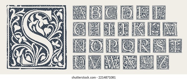 Alphabet in medieval gothic style. Set of monochrome grunge style emblems. Engraved initial drop caps. Perfect for vintage premium identity, Middle Ages posters, luxury packaging. - Shutterstock ID 2214871081
