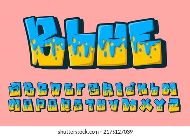 Alphabet Melt Graffiti blue yellow Cartoon Vector