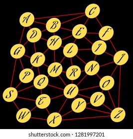 Alphabet in mesh, network with letters, abstract illustration with calligraphic letters in yellow circles, red mesh on black background