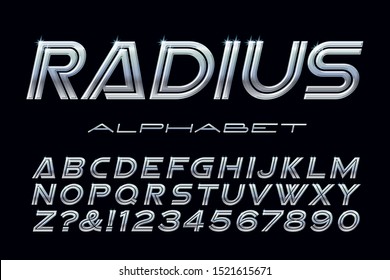 Alphabet With A Metallic Or Chrome Effect. This Wide Vector Font Has Shiny Gradients And Highlights, And Features A High Tech Or Futuristic Motorsports Look.