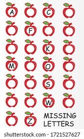 Alphabet fehlende Briefübung für die Vorschulzeit, einfache Studie, kreatives Apfeldesign
