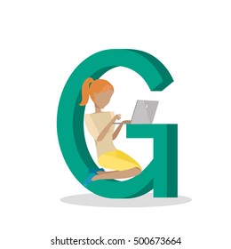 Alphabet mobile people illustration. Flat design. ABC vector with human using computer and mobile device. Girl seating on letter G and working on laptop. Social network communication. concept.