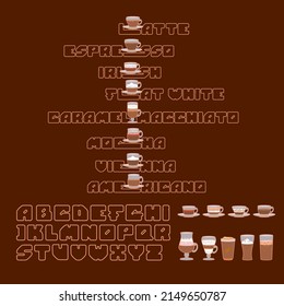 Alphabet. Modern geometric font. Various kinds of brewing coffee. Vector.