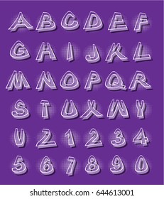 Alphabet in modern style with distorted letters with shading dark violet