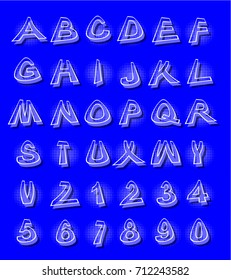 Alphabet in modern style with distorted letters with shading blue