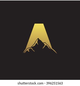 A alphabet mountain negative space letter logo gold black background