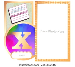 alphabet in multicolor background and golden photo frame and birthday wish in white note