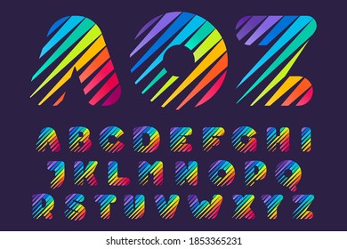 Alphabet with multicolor diagonal lines. Fast speed vector template for your sport team identity, dynamic packaging, technology posters, taxi design, and etc. 