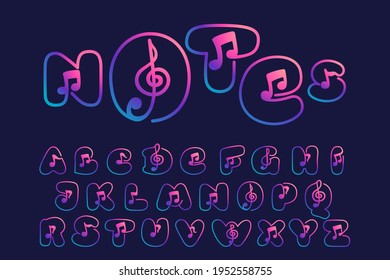 Alphabet with musical notes. Vector line icon for Audio company, Sound media magazine, Singer and DJ poster.