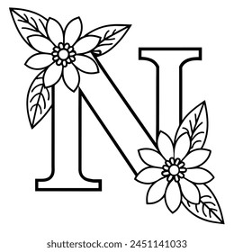 Alphabet N coloring page with the flower, N letter digital outline floral coloring page, ABC coloring page