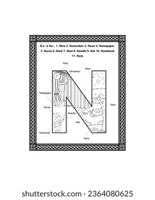 Alphabet N Letter Coloring Page with Cartoon Vocabulary Learning Worksheet for Preschool, Kindergarten, and Kids Ages 3-5. N Letter Illustration. Alphabet Coloring Page is perfect gift for children.