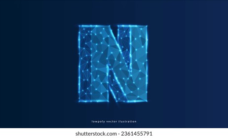 alphabet N Alphabet letter N. Design of an Uppercase letter. Banner, template or a pattern. Abstract digital wireframe, low poly mesh, vector blue neon 3d illustration. Triangle, line, dot	