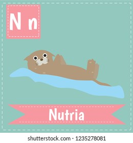 alphabet N letter flashcard
Nutria for kids learning English vocabulary.
Cute children ABC animal zoo.
Instruction media
Vector illustration.