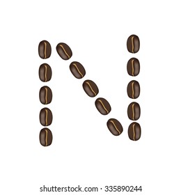 Alphabet "N" made of roasted coffee bean, isolated  
