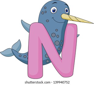 Alphabet N with Narwhal cartoon