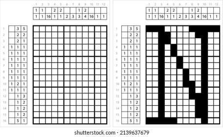 Alphabet N Nonogram Pixel Art, Character N, Language Letter Graphemes Symbol Vector Art Illustration, Logic Puzzle Game Griddlers, Pic-A-Pix, Picture Paint By Numbers, Picross