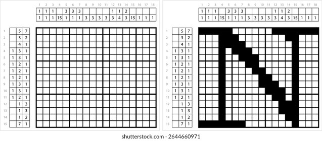 Alfabeto N Nonogram Pixel Art, Caractere N, Letra Linguagem Graphemes Símbolo Vetor Arte Ilustração, Lógica Puzzle Jogo Griddlers, Pic-A-Pix, Pintura De Imagem Por Números, Picross