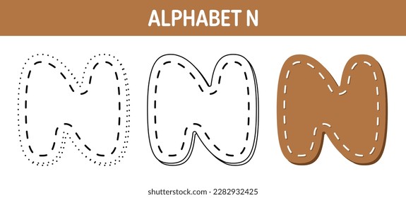 Hoja de cálculo de seguimiento y coloreado de alfabeto N para niños