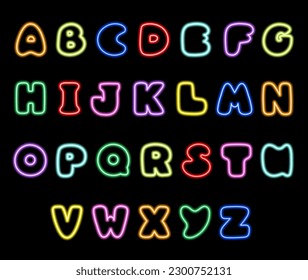 Alphabet neon. Abc letters, neon font. Neon glowing font. Hand drawn  kids style cartoon style font  Handwritten  letters, symbols. Lamps style letter. Neon light font on a dark background.
