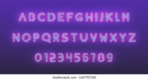 Alphabet neon font. Glowing neon colored 3d modern alphabet and numbers characters typeface