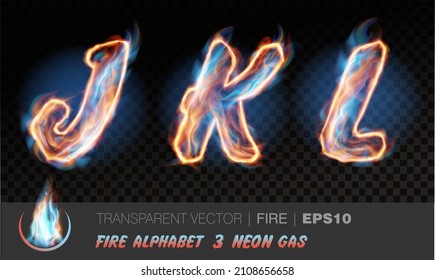 Alphabet Of Neon Gas Fire. Transparent Realistic Vector On Dark Background. Fiery Font With Light Effect For Your Text. Letters JKL