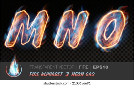 Alphabet of neon gas fire. Transparent realistic vector on dark background. Fiery font with light effect for your text. Letters MNO