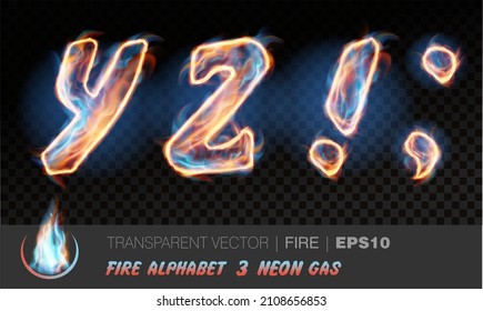 Alphabet Of Neon Gas Fire. Transparent Realistic Vector On Dark Background. Fiery Font With Light Effect For Your Text. Letters YZ