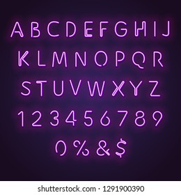 Alphabet neon sign. Glowing neon letters and numbers. Letters glowing in retro colors. Realistic bended neon tubes glowing in purple.