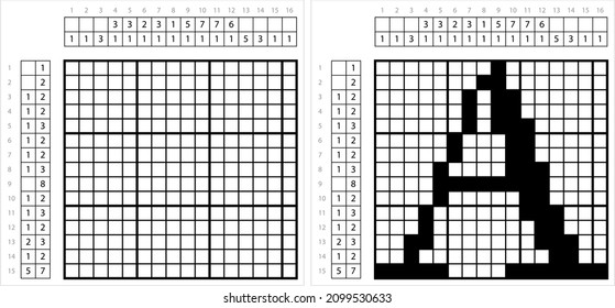 Alphabet A Nonogram Pixel Art, Character A, Language Letter Graphemes Symbol Vector Art Illustration, Logic Puzzle Game Griddlers, Pic-A-Pix, Picture Paint By Numbers, Picross