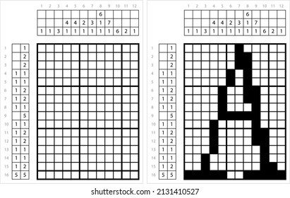 Alphabet eine Nonogram Pixelkunst, Zeichen A, Sprachbuchstaben Symbolbildgrafik Vektorgrafik Illustration, Logic Puzzle Game Griddlern, Pic-A-Pix, Bildfarbe nach Zahlen, Picross