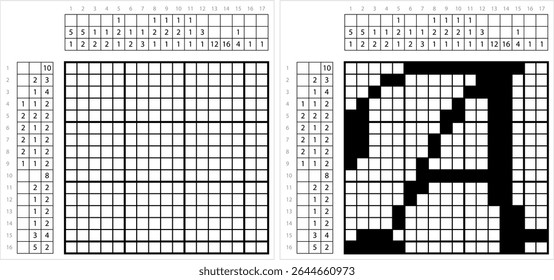 Alfabeto A Não-Ograma Pixel Art, Caractere A, Letra Linguística Graphemes Símbolo Vetor Arte Ilustração, Lógica Puzzle Game Griddlers, Pic-A-Pix, Pintura De Imagem Por Números, Picross
