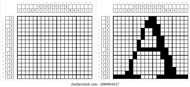 Alphabet A Nonogram Pixel Art, Language Letter Graphemes Symbol, Logic Puzzle Game Griddlers, Pic-A-Pix, Picture Paint By Numbers, Picross, Vector Art Illustration