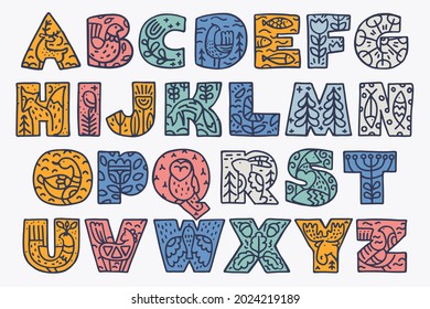 Alphabet with Nordic folk art style pattern. Scandinavian font for Christmas cards, retro posters, historical banners, cute decorative prints on T-shirts.