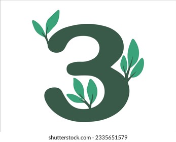 Alphabet Number 3 with Botanical Leaf Illustration