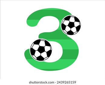 Alphabet Number 3 with Soccer Ball Illustration