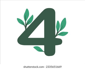 Alphabet Number 4 with Botanical Leaf Illustration
