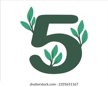 Alphabet Number 5 with Botanical Leaf Illustration