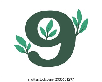 Alfabeto número 9 con ilustración de hoja botánica
