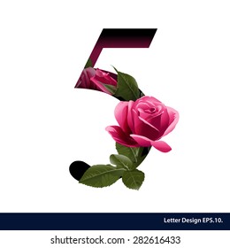 Alphabet number five with flower. Vector illustration.