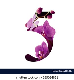 Alphabet number five with flower. Vector illustration.