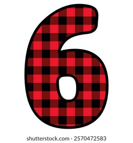 Alphabet number font, red lumberjack plaid pattern for 6